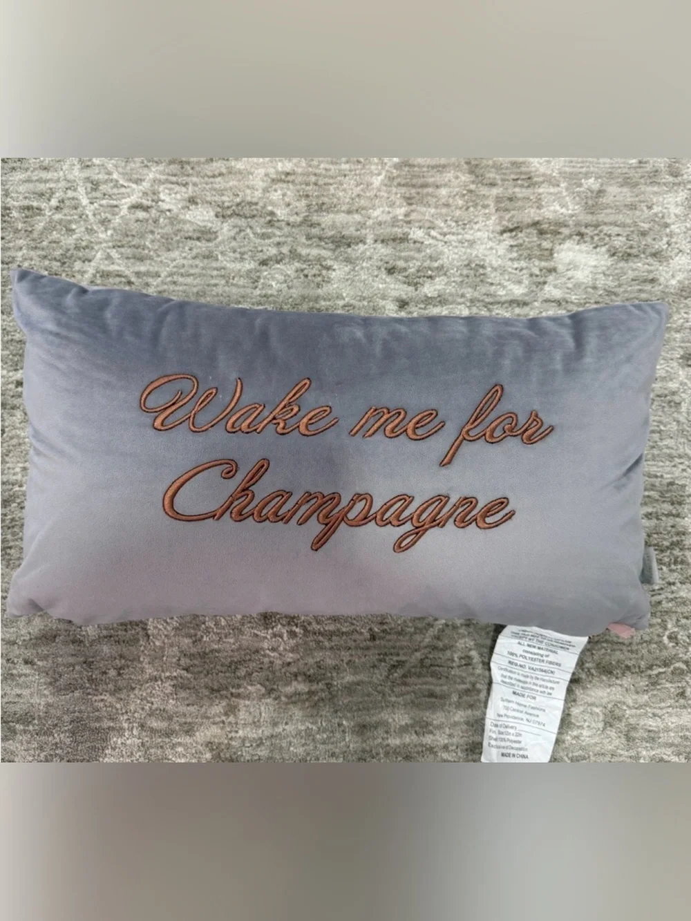 Ted Baker Gray Velvet Pillow with Copper Script 'Wake Me for Champagne'